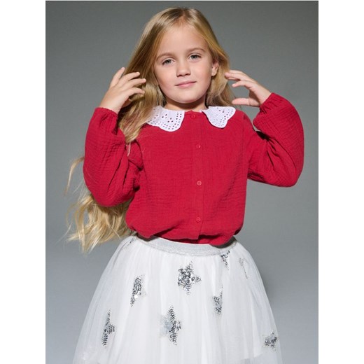 Sinsay - Bawełniana koszula z ażurowym kołnierzykiem - czerwony ze sklepu Sinsay w kategorii Koszule dziewczęce - zdjęcie 187778860