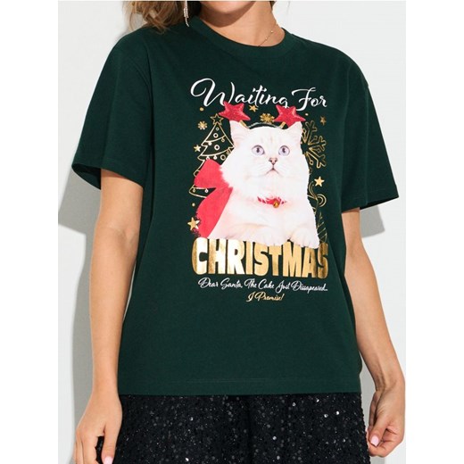 Sinsay - Świąteczna koszulka z kotem - ciemny turkus ze sklepu Sinsay w kategorii Bluzki damskie - zdjęcie 187799772