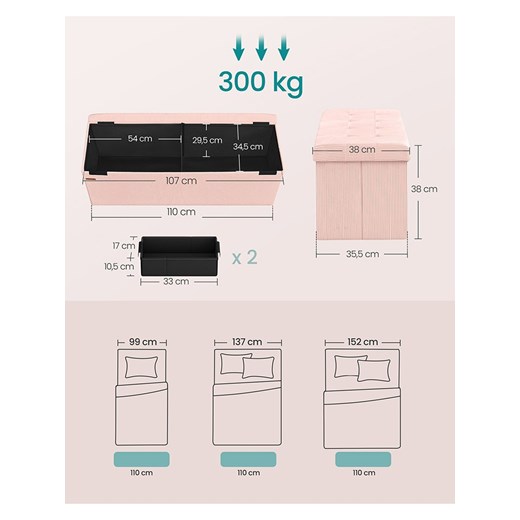 Songmics Ławka w kolorze jasnoróżowym ze schowkiem - 110 x 38,5 x 35,5 cm Songmics onesize okazyjna cena Limango Polska