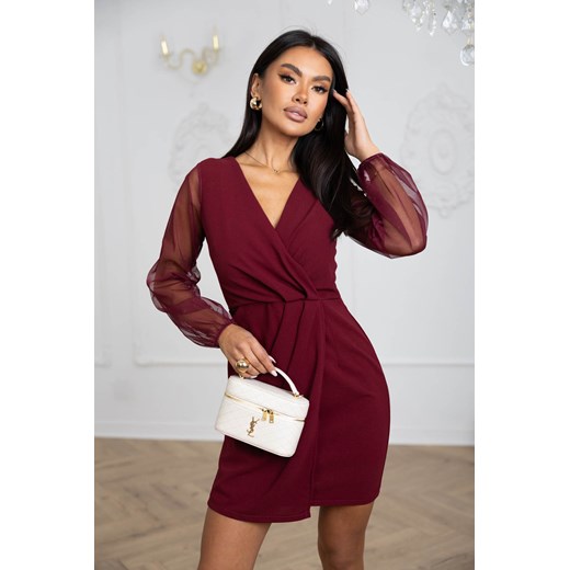 SUKIENKA MINI Z TIULOWYMI POŁYSKUJĄCYMI RĘKAWAMI- BORDOWA ze sklepu olika.com.pl w kategorii Sukienki - zdjęcie 187802224