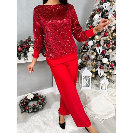 Czerwony Komplet Cekinowa Bluzka + Spodnie ze sklepu ModnaKiecka.pl w kategorii Komplety i garnitury damskie - zdjęcie 187817544
