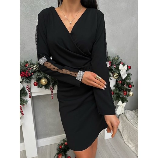 Czarna Sukienka z Kopertowym Dekoltem i Marszczeniem ze sklepu ModnaKiecka.pl w kategorii Sukienki - zdjęcie 187817564