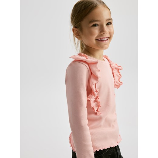 Reserved - Prążkowana bluzka z falbanką - brudny róż Reserved 134 (8 lat) promocja Reserved