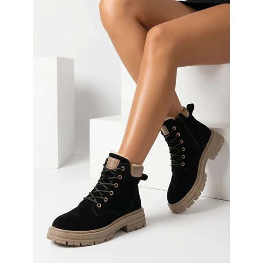 Royalfashion Czarno- brązowe damskie ocieplane botki typu trapery Radoras ze sklepu royalfashion.pl w kategorii Workery damskie - zdjęcie 187823103