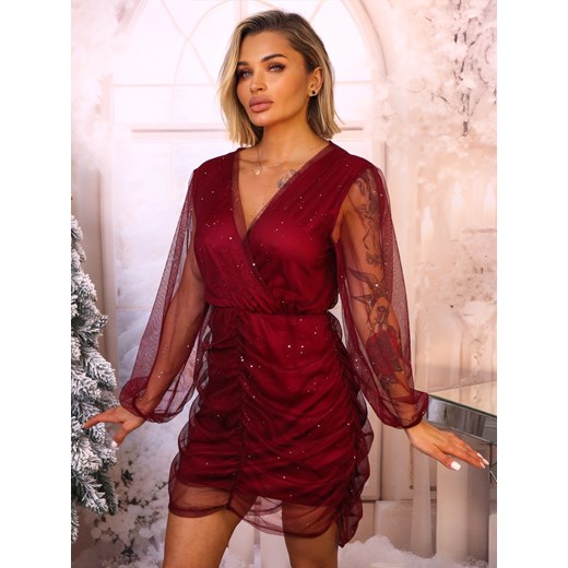 SUKIENKA BŁYSZCZĄCA Z DRAPOWANIEM- BORDOWA ze sklepu olika.com.pl w kategorii Sukienki - zdjęcie 187824402