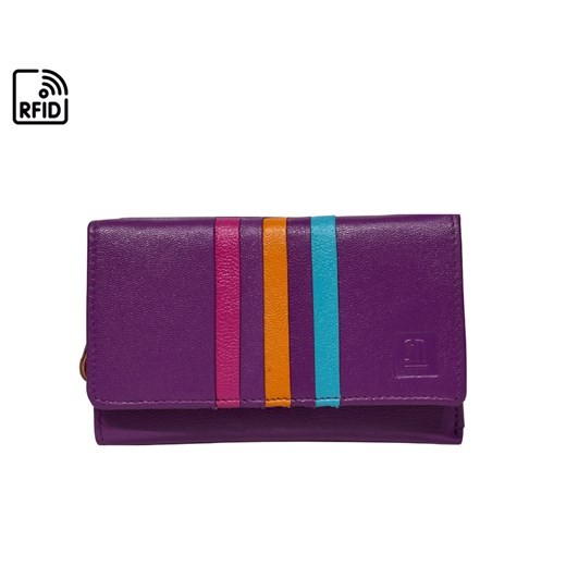 fioletowy portfel skórzany damski z kolorowymi paskami 14x9,5 cm ze sklepu Słoń Torbalski w kategorii Portfele damskie - zdjęcie 187831102
