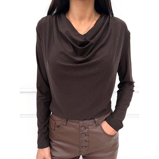Ciemnobrązowa Połyskująca Bluzka z Lejącym Dekoltem Modnakiecka.pl 50 ModnaKiecka.pl