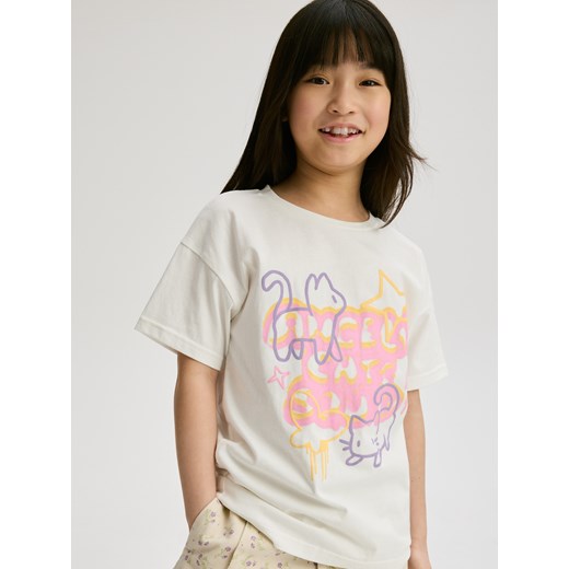 Reserved - Bawełniany t-shirt z nadrukiem - złamana biel ze sklepu Reserved w kategorii Bluzki dziewczęce - zdjęcie 187849223