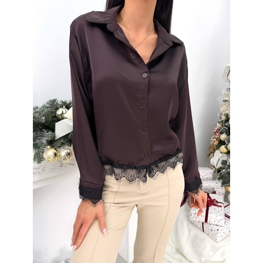 Czekoladowa Satynowa Koszula z Koronką ze sklepu ModnaKiecka.pl w kategorii Koszule damskie - zdjęcie 187854303