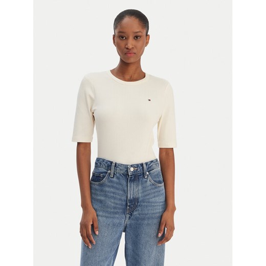 Tommy Hilfiger T-Shirt WW0WW47308 Écru Slim Fit ze sklepu MODIVO w kategorii Bluzki damskie - zdjęcie 187857584