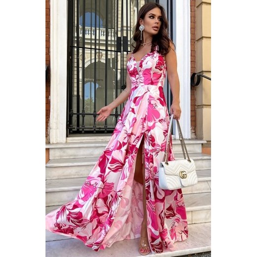 Bicotone 259-12 satynowa długa sukienka w kwiaty ze sklepu intimiti.pl w kategorii Sukienki - zdjęcie 187859704