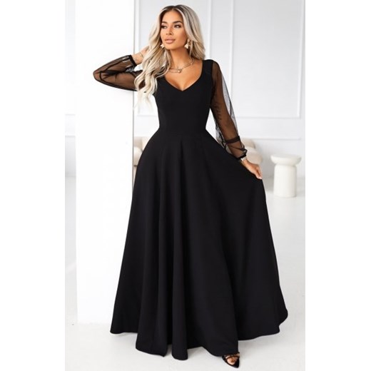 Numoco 640-2 LORETTA wyjątkowa długa sukienka z tiulowymi rękawami i dekoltem ze sklepu intimiti.pl w kategorii Sukienki - zdjęcie 187860170