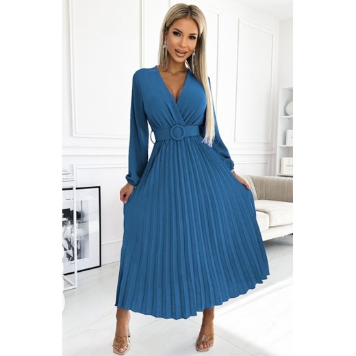 Numoco 504-5 VIVIANA plisowana sukienka midi z dekoltem, długim rękawkiem i szerokim paskiem ze sklepu intimiti.pl w kategorii Sukienki - zdjęcie 187860531