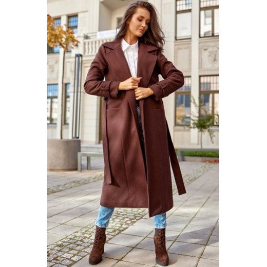 Długi płaszcz z wiązaniem brązowy 0017 ze sklepu intimiti.pl w kategorii Płaszcze damskie - zdjęcie 187860692