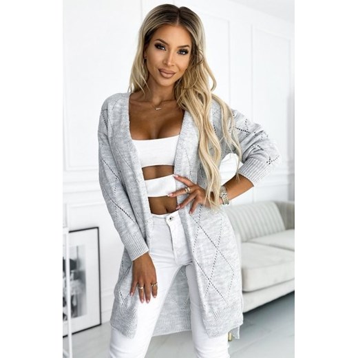 Numoco 486-1 kardigan - sweterkowa narzutka z dłuższym tyłem w ażurowe romby ze sklepu intimiti.pl w kategorii Swetry damskie - zdjęcie 187862902