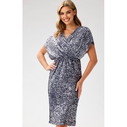 Awama A698 kopertowa sukienka cekinowa midi  srebrna ze sklepu intimiti.pl w kategorii Sukienki - zdjęcie 187866293