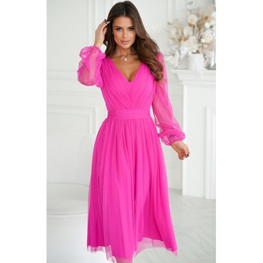 Bicotone 269-17 różowa sukienka midi z tiulowymi rękawami ze sklepu intimiti.pl w kategorii Sukienki - zdjęcie 187867080