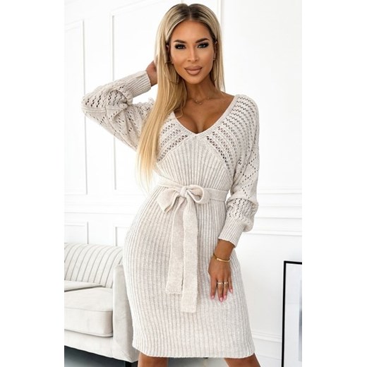 Numoco 507-1 ażurowa sweterkowa sukienka z dekoltem i wiązaniem ze sklepu intimiti.pl w kategorii Sukienki - zdjęcie 187868690