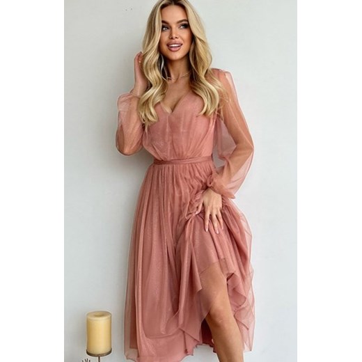 Brokatowa sukienka koktajlowa nude  269-21 ze sklepu intimiti.pl w kategorii Sukienki - zdjęcie 187869680