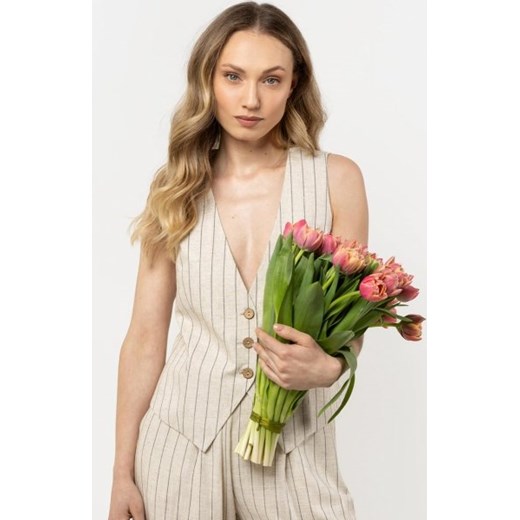 Awama A727 lniana kamizelka w delikatne prążki mocca ze sklepu intimiti.pl w kategorii Marynarki damskie - zdjęcie 187869822