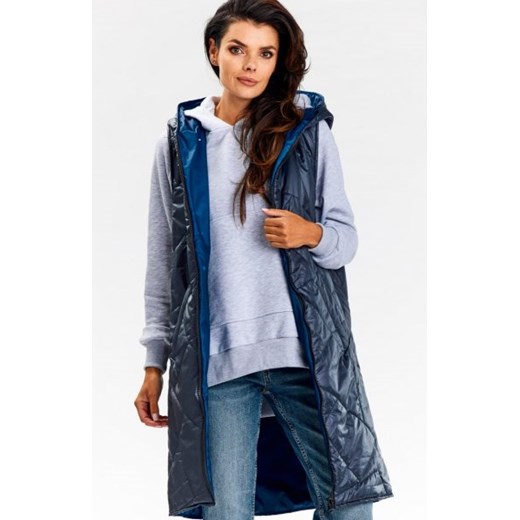 Awama A683 dwustronna kamizelka midi z kapturem granatowa ze sklepu intimiti.pl w kategorii Kamizelki damskie - zdjęcie 187870303