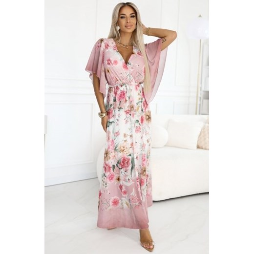 Numoco 603-4 zwiewna maxi sukienka z kopertowym dekoltem i kwiecistym wzorem ze sklepu intimiti.pl w kategorii Sukienki - zdjęcie 187872833