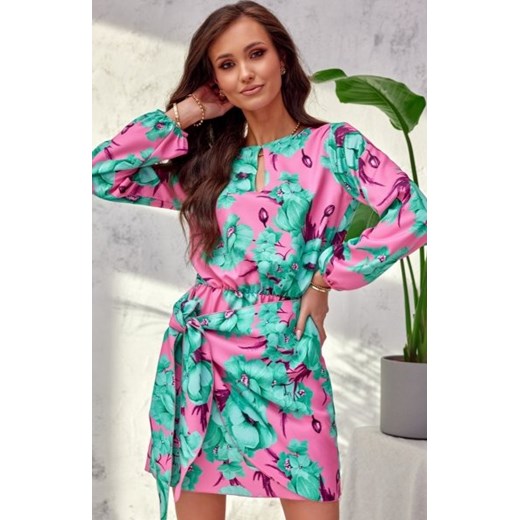 Kwiatowa sukienka z wiązaniem i bufkami 357/F59 ze sklepu intimiti.pl w kategorii Sukienki - zdjęcie 187873190
