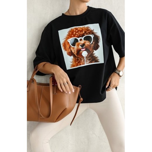 Oversizowy T-shirt z nadrukiem psa Maltipoo czarny ze sklepu intimiti.pl w kategorii Bluzki damskie - zdjęcie 187874642