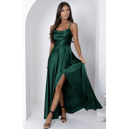 Duet Valeria satynowa długa sukienka z wiązaniem gorsetowym butelkowa ze sklepu intimiti.pl w kategorii Sukienki - zdjęcie 187876500