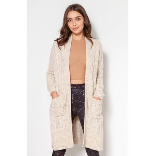 Swetrowy płaszcz z kieszeniami beżowy SWE139 ze sklepu intimiti.pl w kategorii Swetry damskie - zdjęcie 187877514