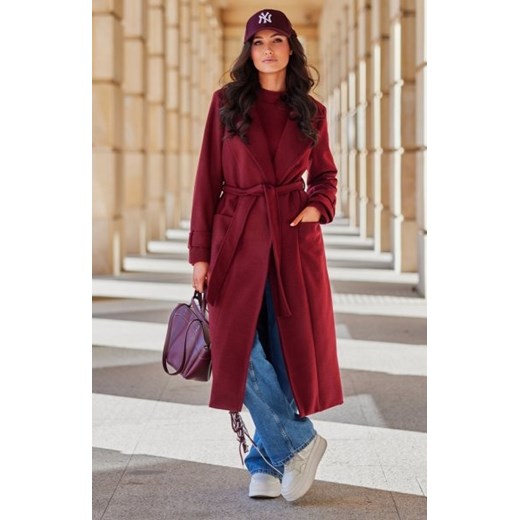 Długi płaszcz z wiązaniem bordowy ze sklepu intimiti.pl w kategorii Płaszcze damskie - zdjęcie 187878623