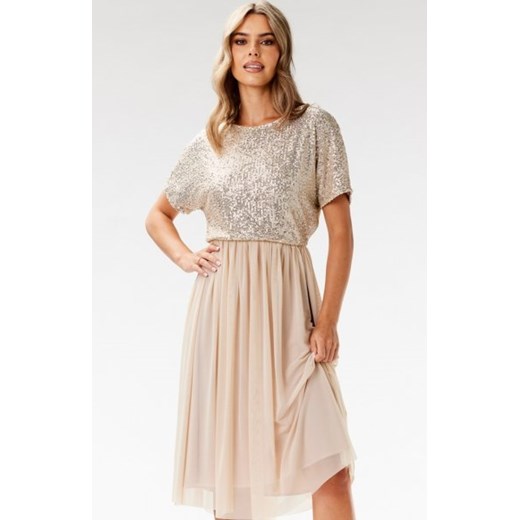 Awama A689 rozkloszowana sukienka z cekinami beżowa ze sklepu intimiti.pl w kategorii Sukienki - zdjęcie 187878950