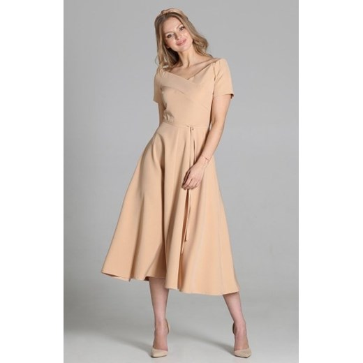 Sukienka trapezowa midi beżowa SUK181 ze sklepu intimiti.pl w kategorii Sukienki - zdjęcie 187879153