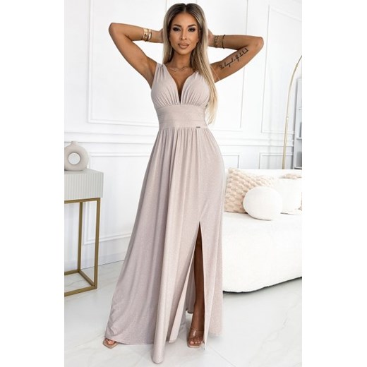 Numoco 490-2 SUSAN długa brokatowa suknia z dekoltem i przeszyciami w pasie ze sklepu intimiti.pl w kategorii Sukienki - zdjęcie 187879311