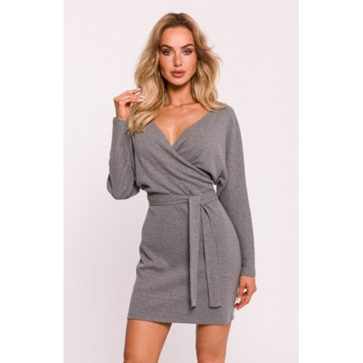 Moe prążkowana sukienka z paskiem szara M819 ze sklepu intimiti.pl w kategorii Sukienki - zdjęcie 187879973