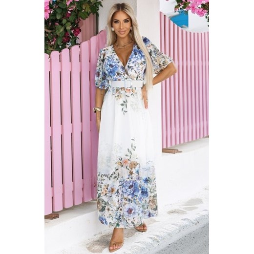 Numoco 613-1 CELINA zwiewna maxi sukienka z kopertowym dekoltem, paskiem i kwiatowym ombre ze sklepu intimiti.pl w kategorii Sukienki - zdjęcie 187880180