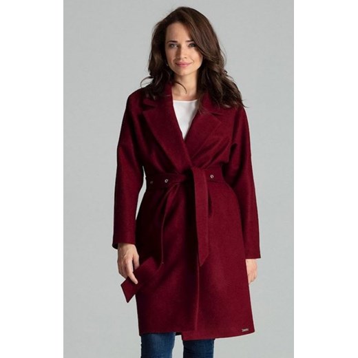 Elegancki wiązany płaszcz damski bordowy L054 ze sklepu intimiti.pl w kategorii Płaszcze damskie - zdjęcie 187880194