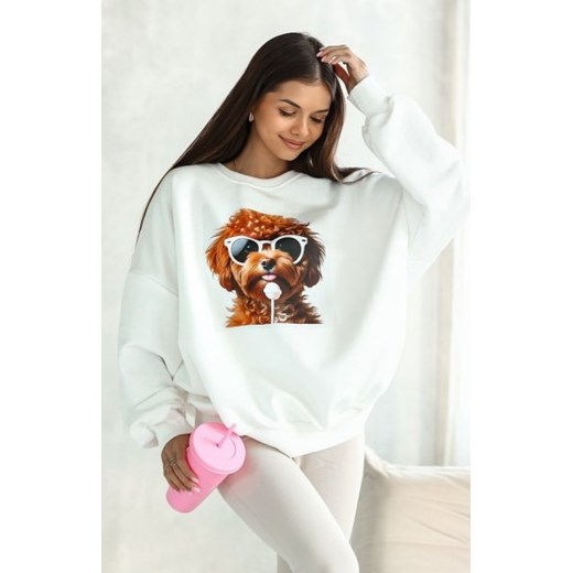 Oversizowa bluza damska z nadrukiem psa Maltipoo ecru ze sklepu intimiti.pl w kategorii Bluzy damskie - zdjęcie 187880814