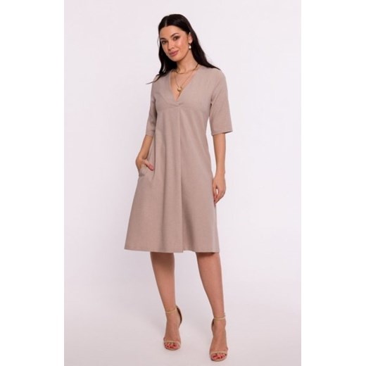 Bewear B280 sukienka trapezowa z dekoltem V beżowa ze sklepu intimiti.pl w kategorii Sukienki - zdjęcie 187881093