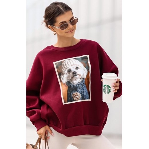 Oversizowa bluza damska z nadrukiem maltańczyka bordowa ze sklepu intimiti.pl w kategorii Bluzy damskie - zdjęcie 187881201