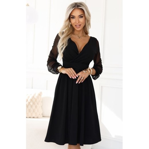 Numoco 657-1 elegancka sukienka midi z kopertowym dekoltem i tiulowymi rękawami ze sklepu intimiti.pl w kategorii Sukienki - zdjęcie 187881730