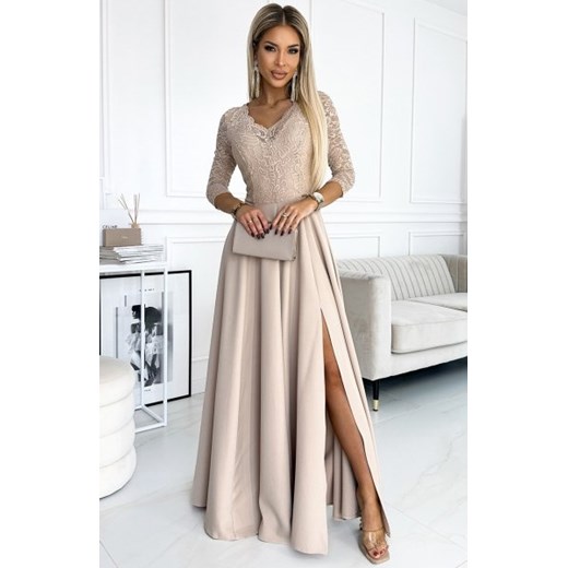 Numoco 309-10 AMBER koronkowa elegancka długa suknia z dekoltem i rozcięciem na nogę ze sklepu intimiti.pl w kategorii Sukienki - zdjęcie 187882262