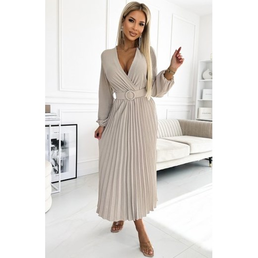 Numoco 504-2 VIVIANA plisowana sukienka midi z dekoltem, długim rękawkiem i szerokim paskiem ze sklepu intimiti.pl w kategorii Sukienki - zdjęcie 187882762