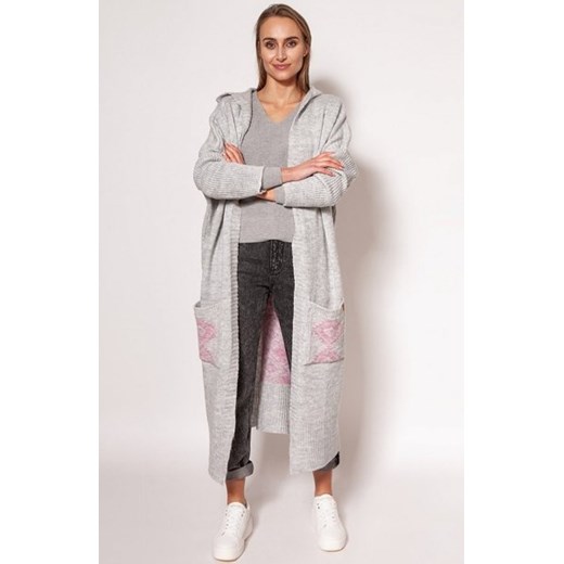 MKM PA020 długi kardigan z kapturem szary ze sklepu intimiti.pl w kategorii Swetry damskie - zdjęcie 187882804