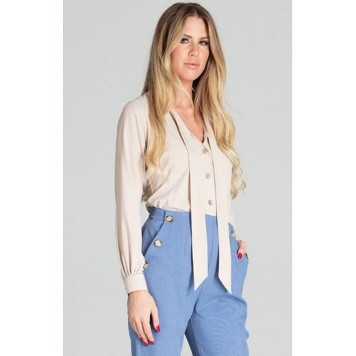 Beżowa bluzka z wiązaniem M700 ze sklepu intimiti.pl w kategorii Koszule damskie - zdjęcie 187883024