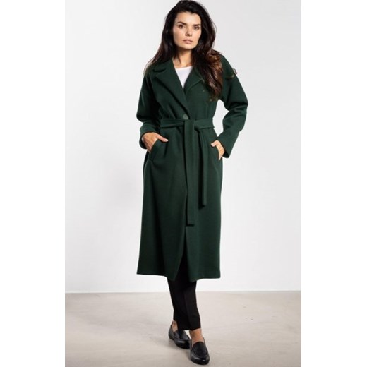 Długi płaszcz damski o prostym kroju z paskiem A750 zielony ze sklepu intimiti.pl w kategorii Płaszcze damskie - zdjęcie 187889392