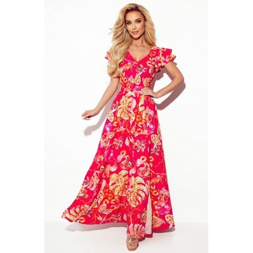 Numoco 310-4 LIDIA długa sukienka z dekoltem i falbankami różowa w kwiaty ze sklepu intimiti.pl w kategorii Sukienki - zdjęcie 187890580