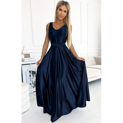 Numoco 508-1 CINDY długa satynowa suknia z dekoltem i kokardą ze sklepu intimiti.pl w kategorii Sukienki - zdjęcie 187891401