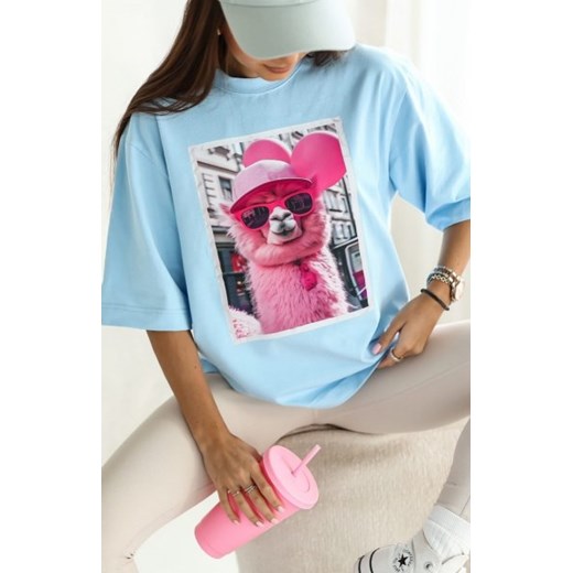 Oversizowy t-shirt damski lama błękitny ze sklepu intimiti.pl w kategorii Bluzki damskie - zdjęcie 187892541