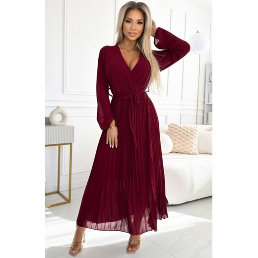 Numoco 537-1 plisowana szyfonowa sukienka z dekoltem, długim rękawkiem i wiązanym paskiem ze sklepu intimiti.pl w kategorii Sukienki - zdjęcie 187895071
